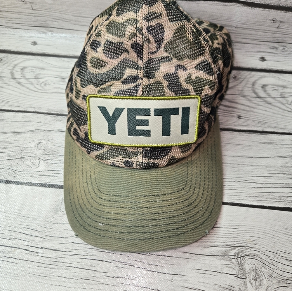 🧢 YETI Camo Mesh Trucker Hat – Built for the Wild (Faded)